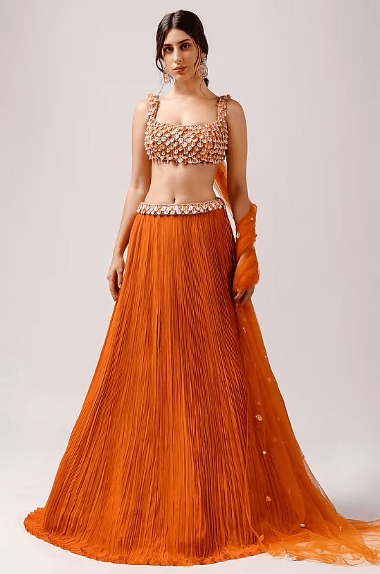 Orange Crepe Ruched Lehenga Set