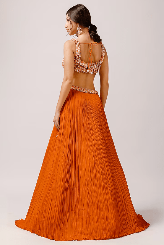 Orange Crepe Ruched Lehenga Set - Image 2