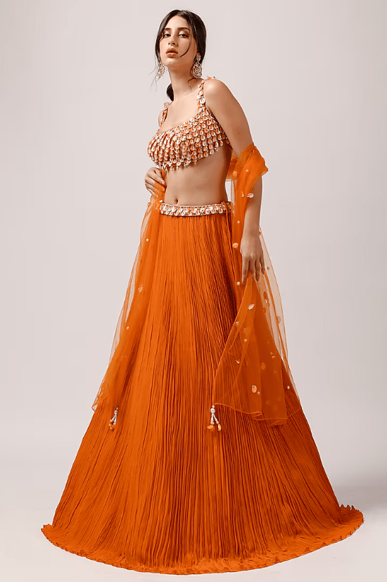 Orange Crepe Ruched Lehenga Set - Image 3