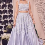 Blue Pearl Glass Satin Hand Embellished Floral Sweetheart Lehenga Set