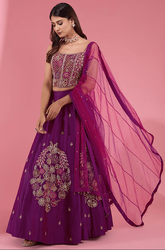 Purple Chanderi Cutwork Hand Embroidered Flared Lehenga Set