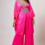 Hot Pink Satin Silk Hand Embroidered Kaftan Set