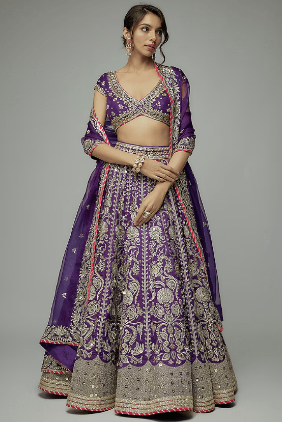 Purple Tussar Thread Embroidered Brocade Lehenga Set