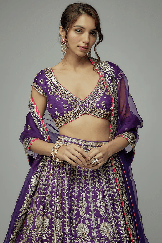 Purple Tussar Thread Embroidered Brocade Lehenga Set - Image 4