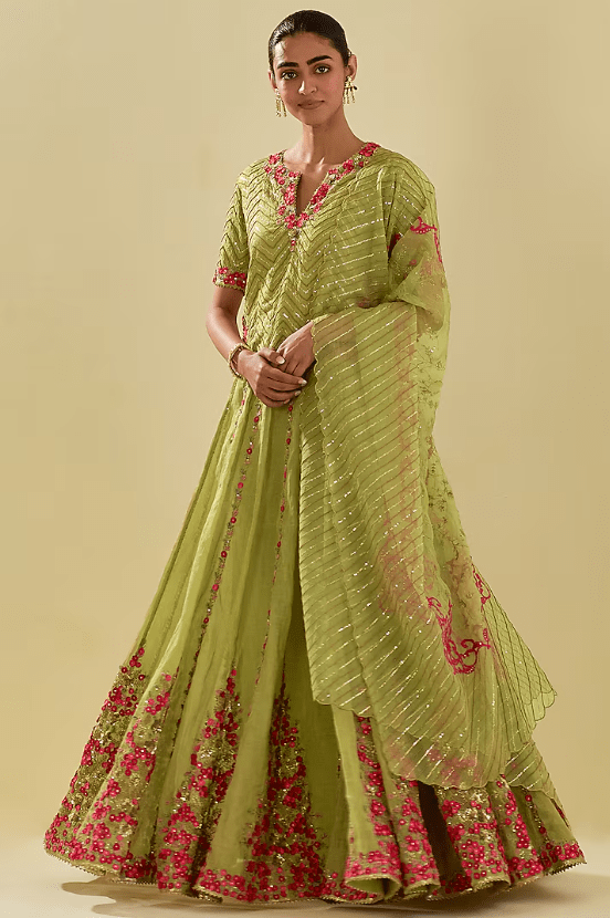 Green Tissue Chanderi Floral Embroidered Lehenga Set