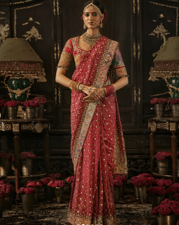 Deep red georgette saree