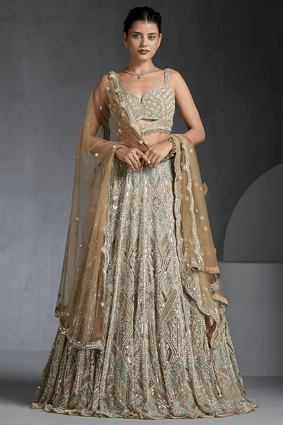 Gold Net Sequins & Stone Embellished Lehenga Set