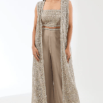 Beige-Gold Net Metal Thread Jaal Embroidered Jacket Set