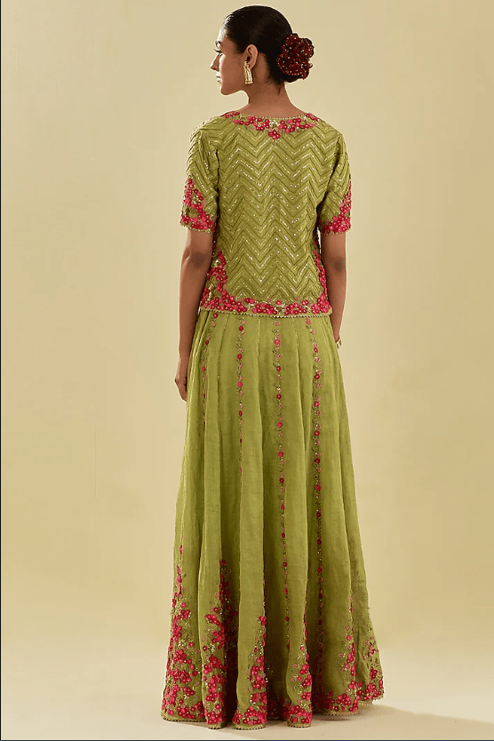 Green Tissue Chanderi Floral Embroidered Lehenga Set - Image 2