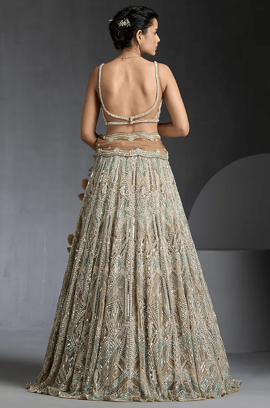 Gold Net Sequins & Stone Embellished Lehenga Set - Image 2