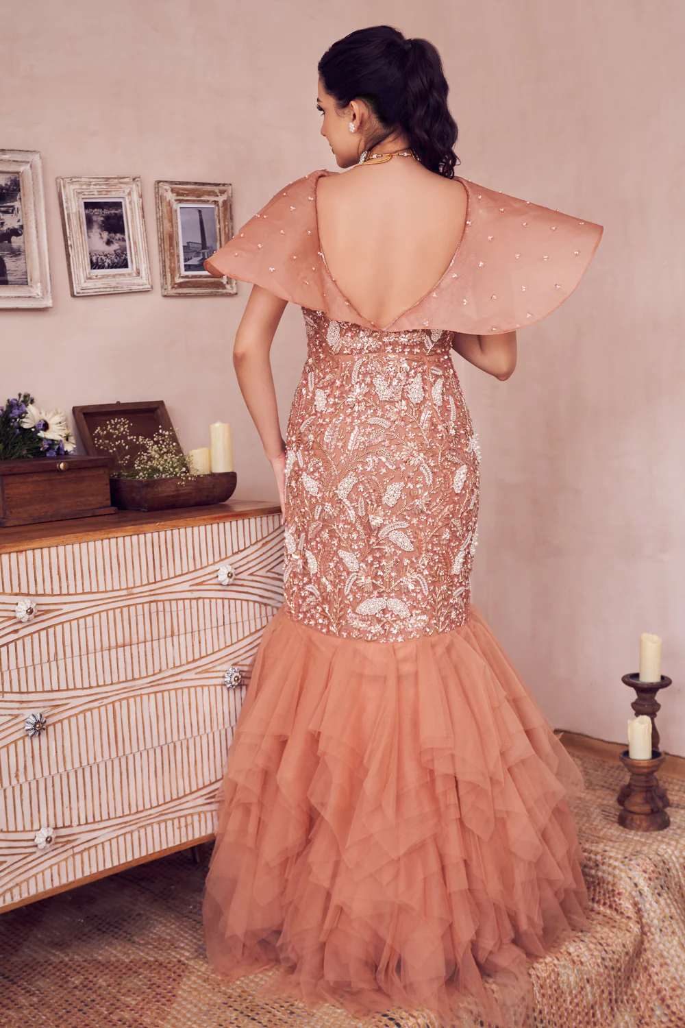 Dazzling Pearl Rose Gold Net Embellished V Neck Ruffle Detailed Gown  Lady  Selection Inc