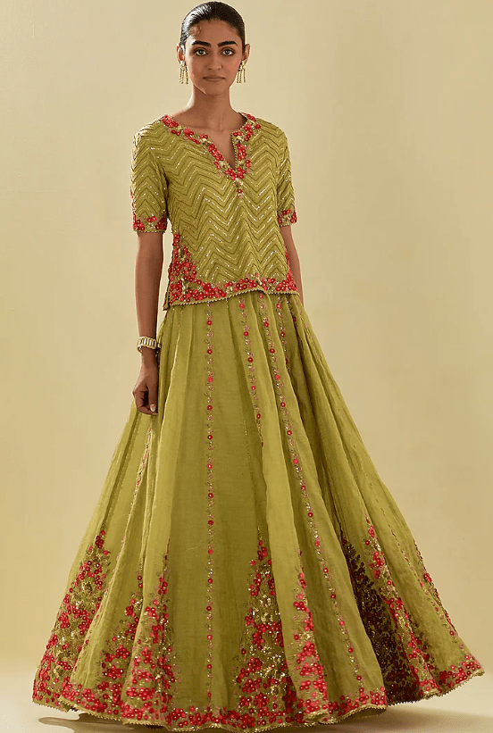 Green Tissue Chanderi Floral Embroidered Lehenga Set - Image 3