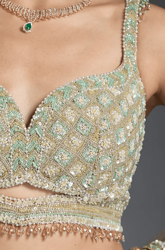 Gold Net Sequins & Stone Embellished Lehenga Set - Image 4