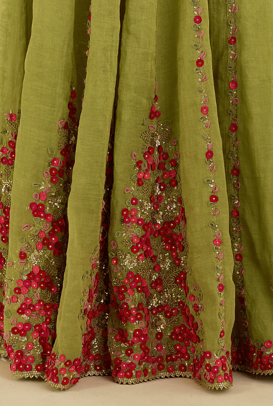 Green Tissue Chanderi Floral Embroidered Lehenga Set - Image 4