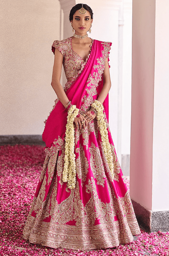 Fuchsia Pink Pure Silk Pearl & Zardosi Hand Embroidered Lehenga Set