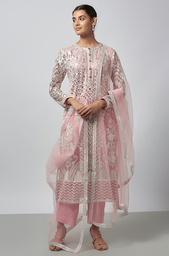 Light Pink Net Resham Work Kurta Set