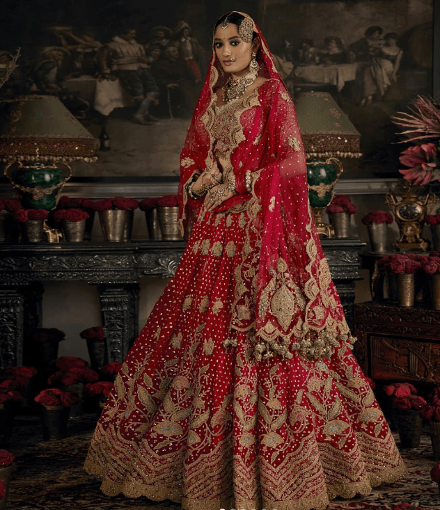 Deep red tulle and silk lehenga