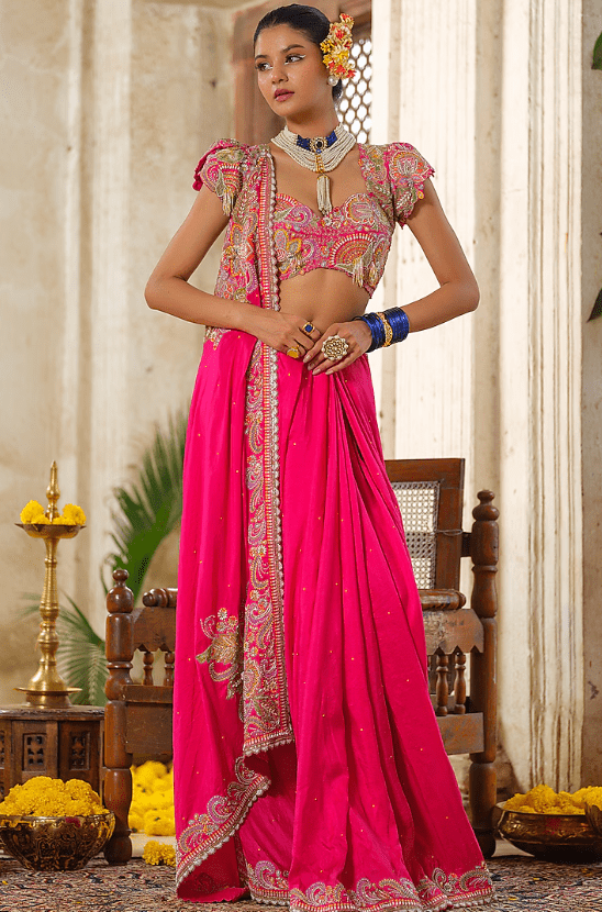 Hot Pink Silk Hand Embroidered Saree Set