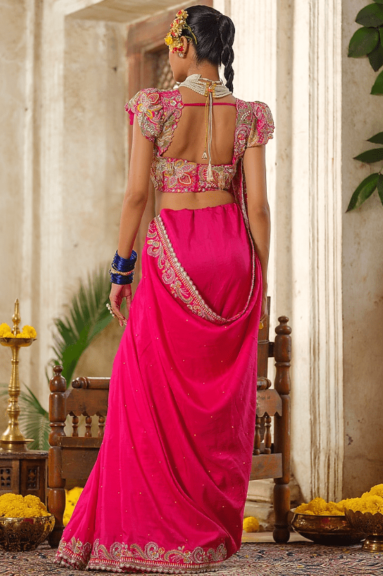Hot Pink Silk Hand Embroidered Saree Set - Image 2