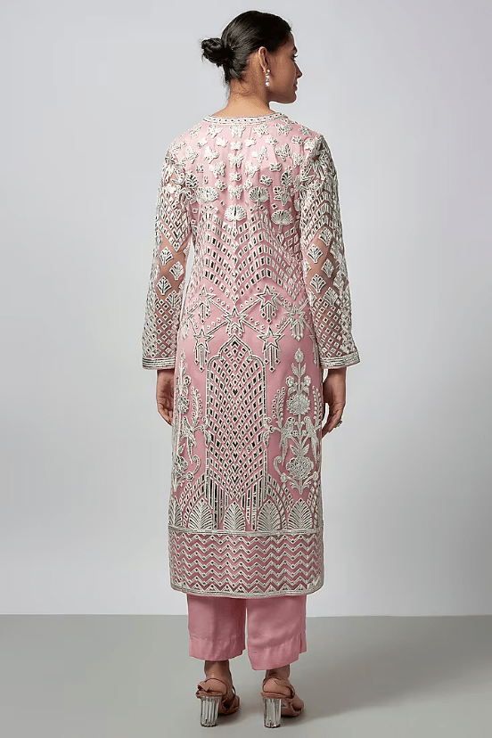Light Pink Net Resham Work Kurta Set - Image 2
