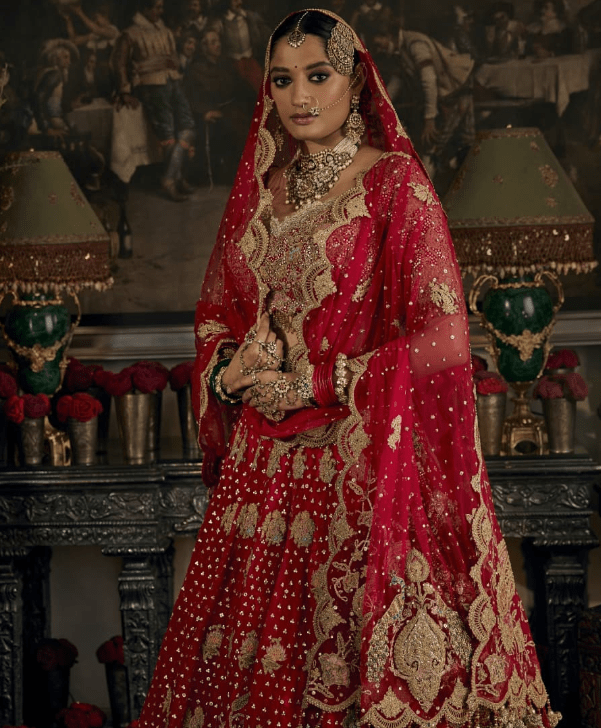 Deep red tulle and silk lehenga - Image 2