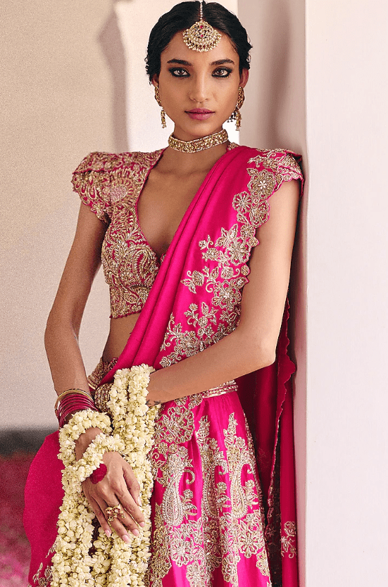 Fuchsia Pink Pure Silk Pearl & Zardosi Hand Embroidered Lehenga Set - Image 3