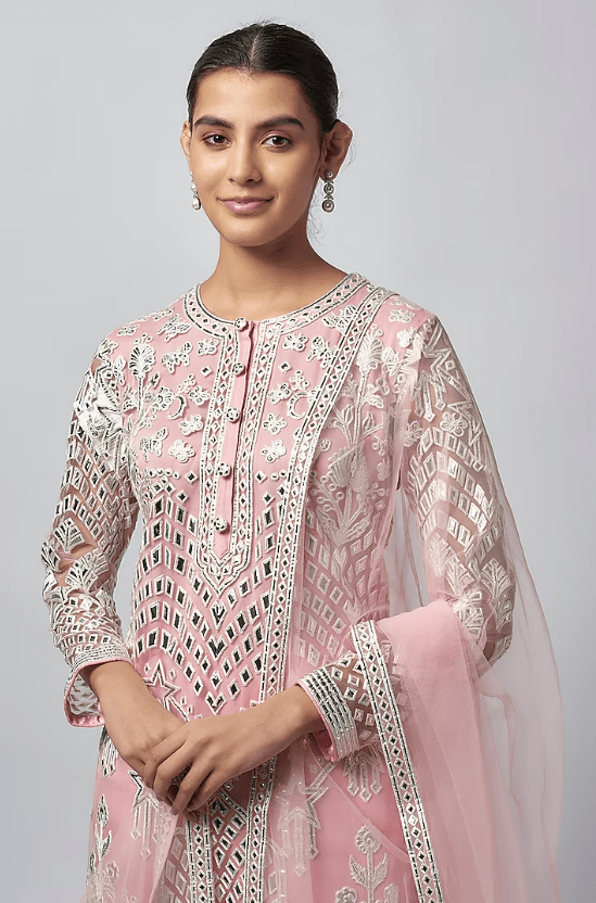 Light Pink Net Resham Work Kurta Set - Image 3