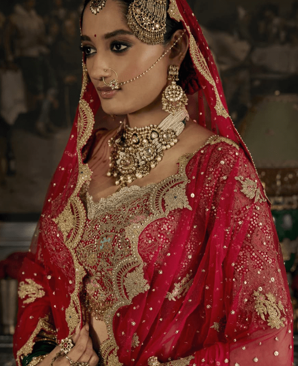 Deep red tulle and silk lehenga - Image 3
