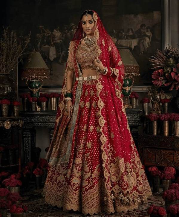 Deep red tulle and silk lehenga - Image 5