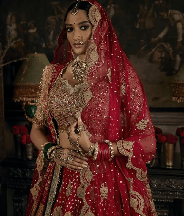Deep red tulle and silk lehenga - Image 6