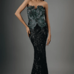 Teal Green & Black Italian Tulle Hand Embroidered Ombre Corset Gown