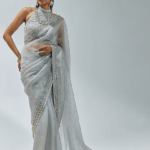 Stone Grey Silk Organza Zardosi Embroidered Saree Set