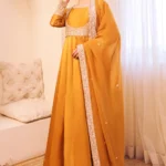 Meherbaan Yellow Satin Silk Lining Shantoon Ditsy Blossom Anarkali Se