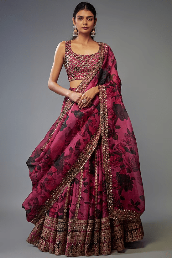 Plum Organza Floral Printed Lehenga Set