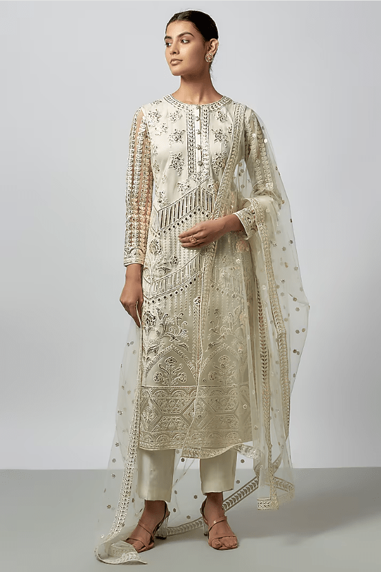 Ivory Net Resham Work Kurta Set