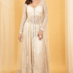 Ivory Net Floral Thread Embellished Anarkali Set