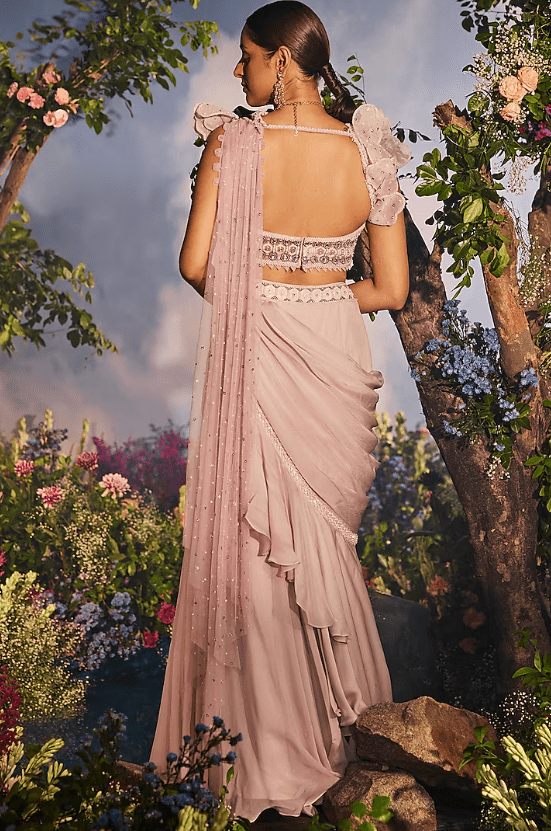Lavender Satin Organza Draped Lehenga Saree Set - Image 2