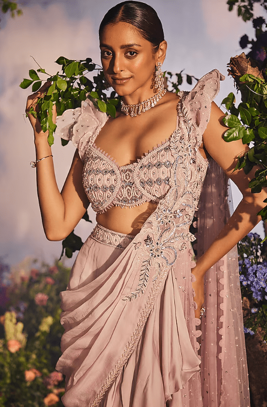 Lavender Satin Organza Draped Lehenga Saree Set - Image 3