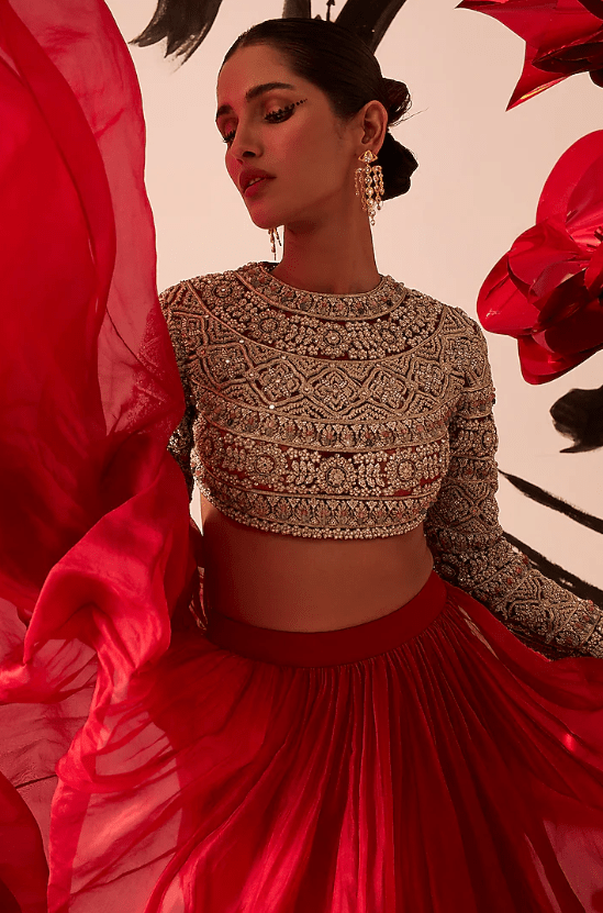 Red Organza & Net Lehenga Set - Image 4