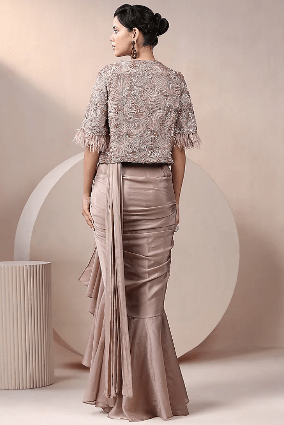 Champagne Chinon Chiffon Pearl Work Pre-Stitched Jacket Saree Set - Image 2