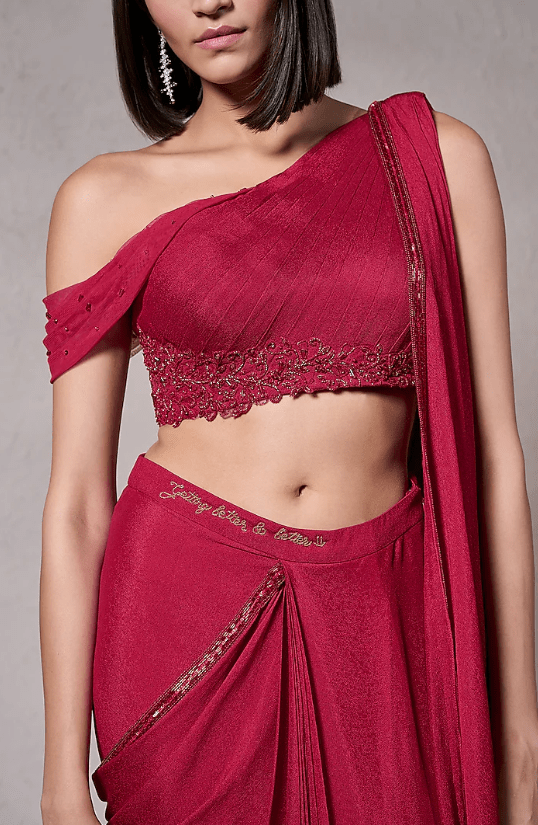 Red Crepe Georgette Hand Embellished Pre-Draped Saree Set - Image 3