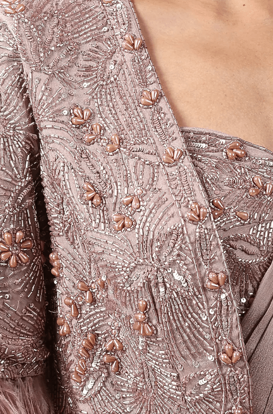 Champagne Chinon Chiffon Pearl Work Pre-Stitched Jacket Saree Set - Image 3