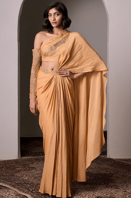 Mango Yellow Shimmer Satin Hand Embellished Pre-Draped Saree Set