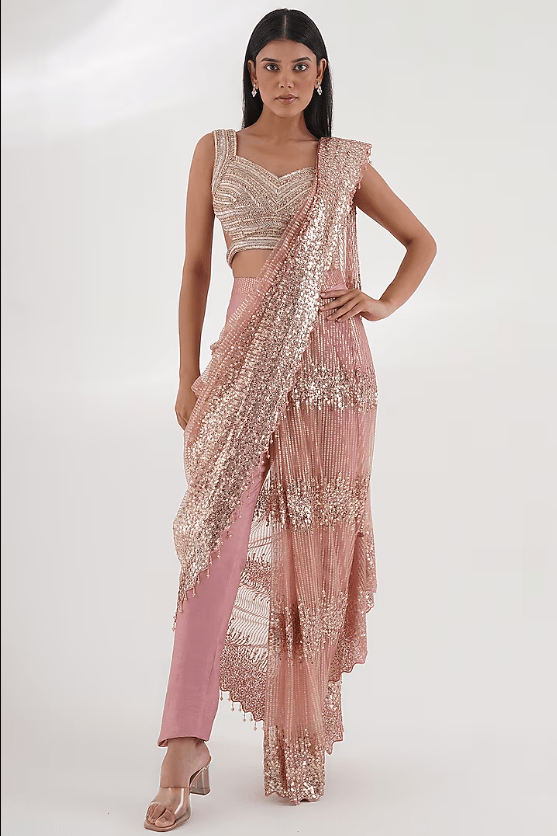 Pink Net & Silk Sequins Embellished Saree Set