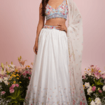 White Satin Floral Printed & Hand Embroidered Lehenga Set