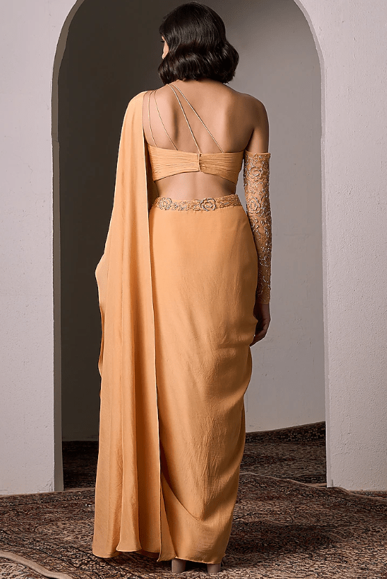 Mango Yellow Shimmer Satin Hand Embellished Pre-Draped Saree Set - Image 2