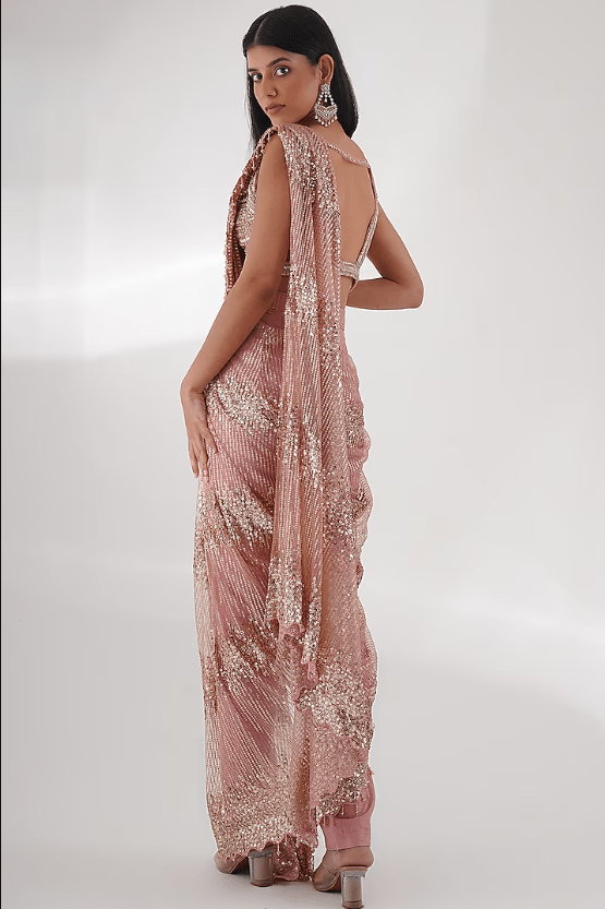 Pink Net & Silk Sequins Embellished Saree Set - Image 2