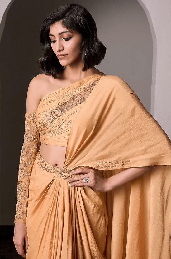 Mango Yellow Shimmer Satin Hand Embellished Pre-Draped Saree Set - Image 3
