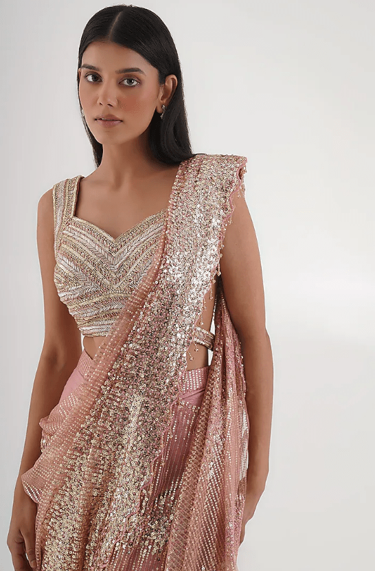 Pink Net & Silk Sequins Embellished Saree Set - Image 3
