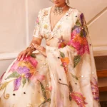 Maya Ivory Kora Organza Hand Paint Floral V-Neck Lehenga Set